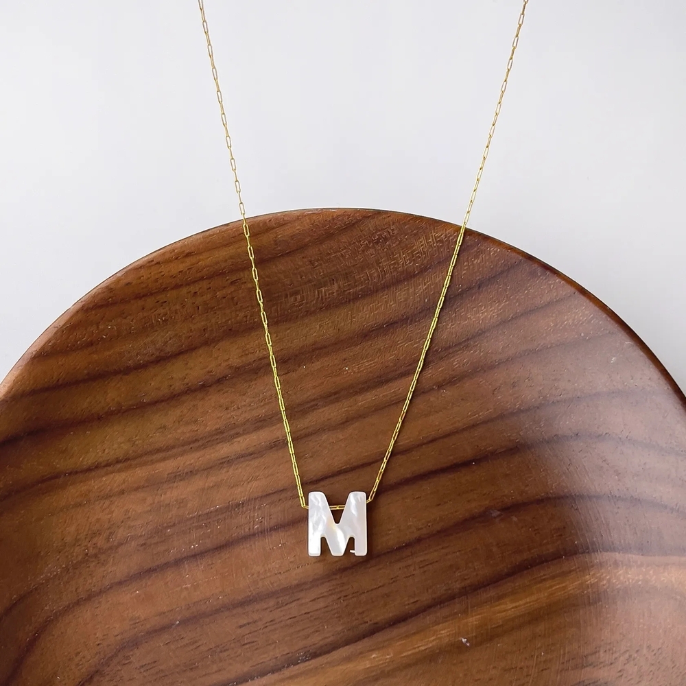 Dainty Gold "M" Initial Necklace - Minimalist Mother of Pearl Pendant